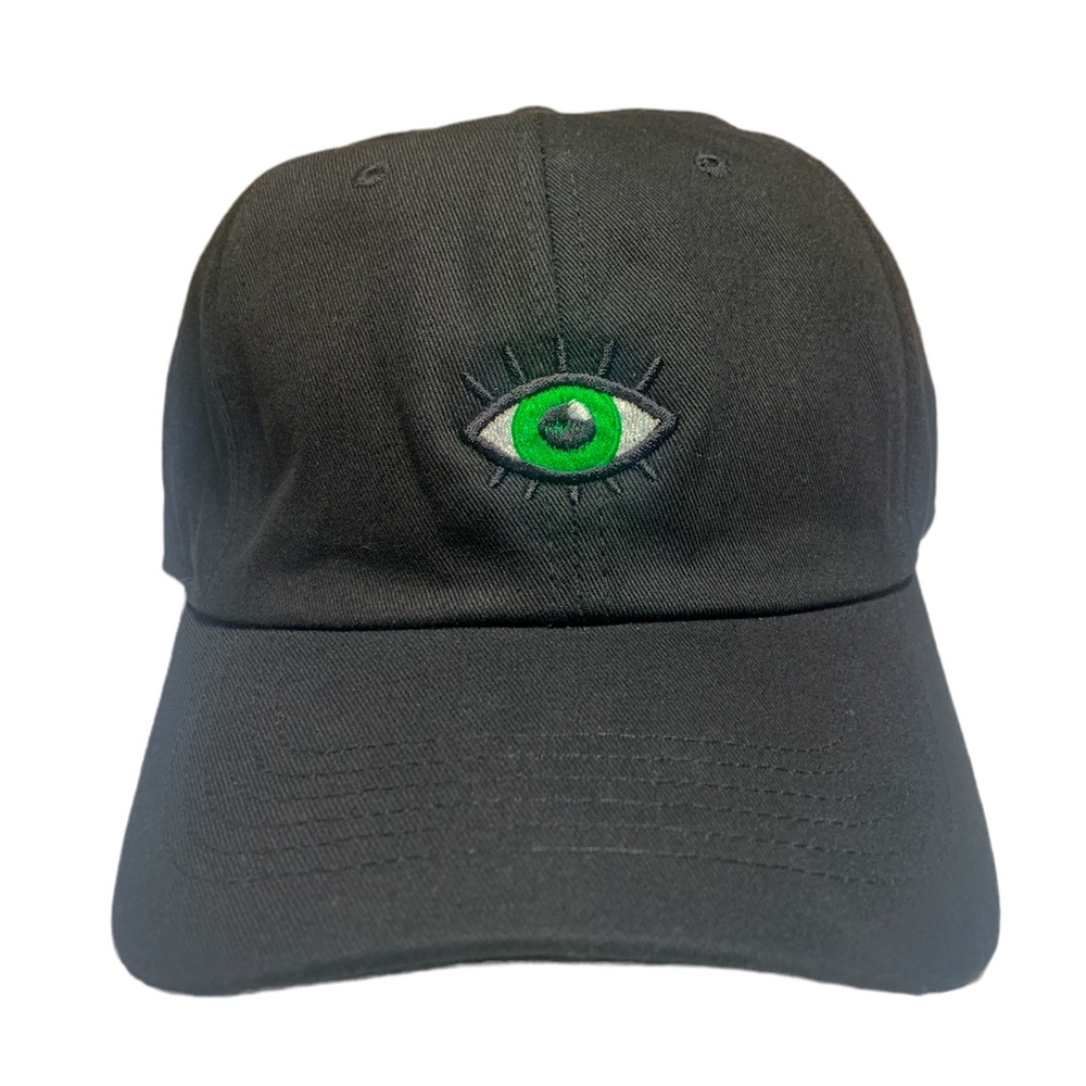 BLACK - Evil Eye Green Embroidered 6 Panel Pigment Dyed Baseball Dad Hat